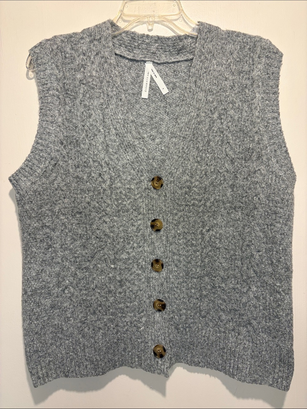 Dreamers by Debut V Neck Cable Knit Sweater Vest Button Boxy Gray Size Small